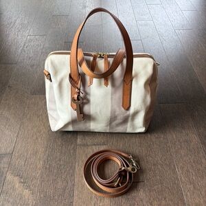 Fossil Sydney Satchel, Canvas Crossbody, leather straps/handles, great condition